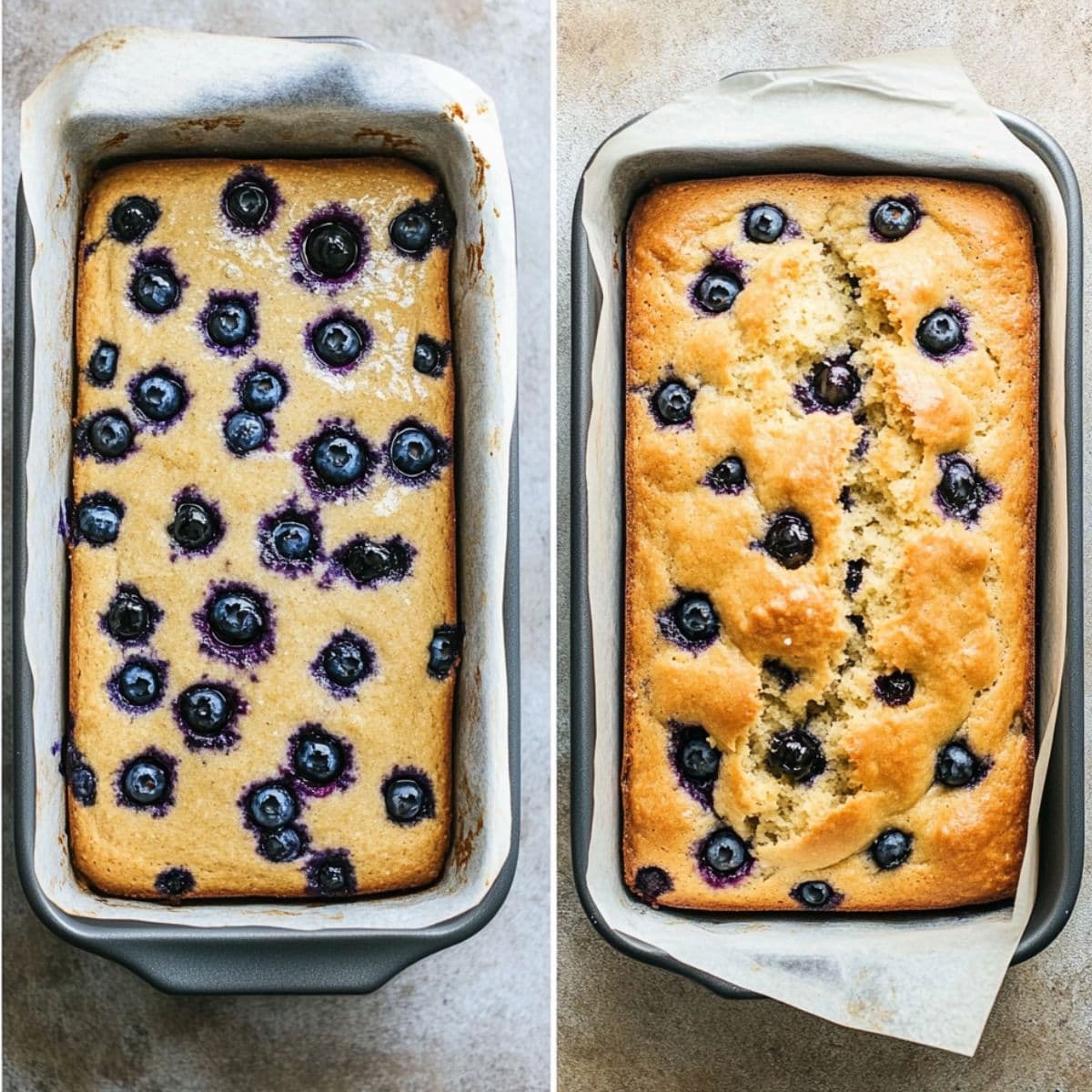 Side-by-side image showing lemon blueberry bread before and after baking in a loaf pan.