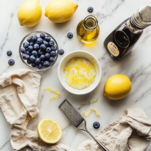 Flat lay of blueberries, lemons, sugar with zest, vanilla extract, and oil on a marble surface.