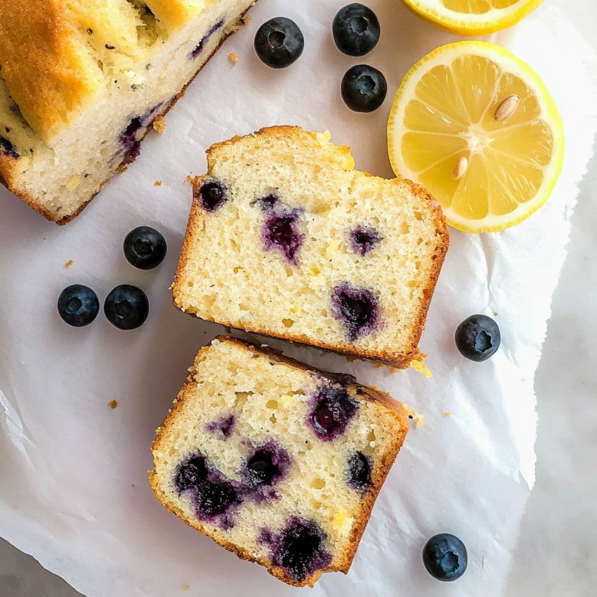 Slices of lemon blueberry bread on parchment paper with fresh blueberries and lemon halves.
