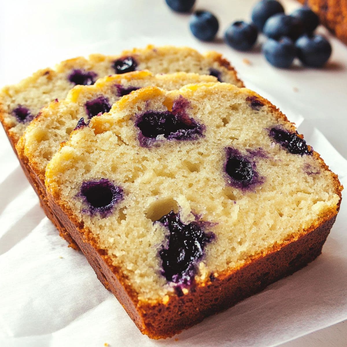 Three slices of lemon blueberry bread on parchment paper, with fresh blueberries nearby.