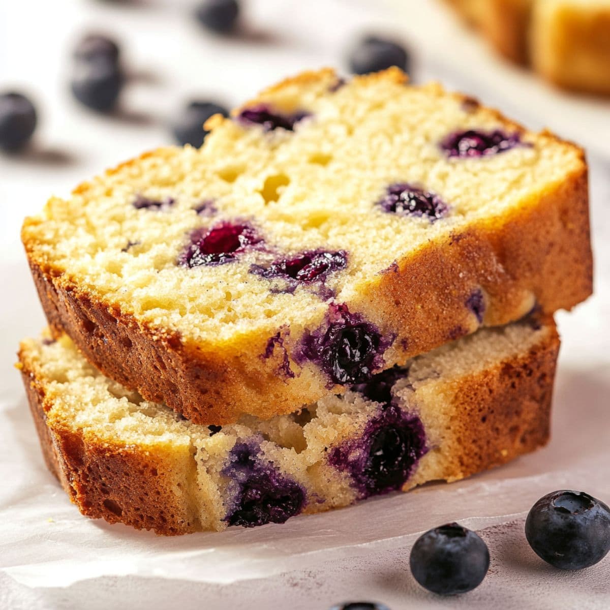 Two slices of lemon blueberry bread stacked on parchment paper with scattered fresh blueberries.