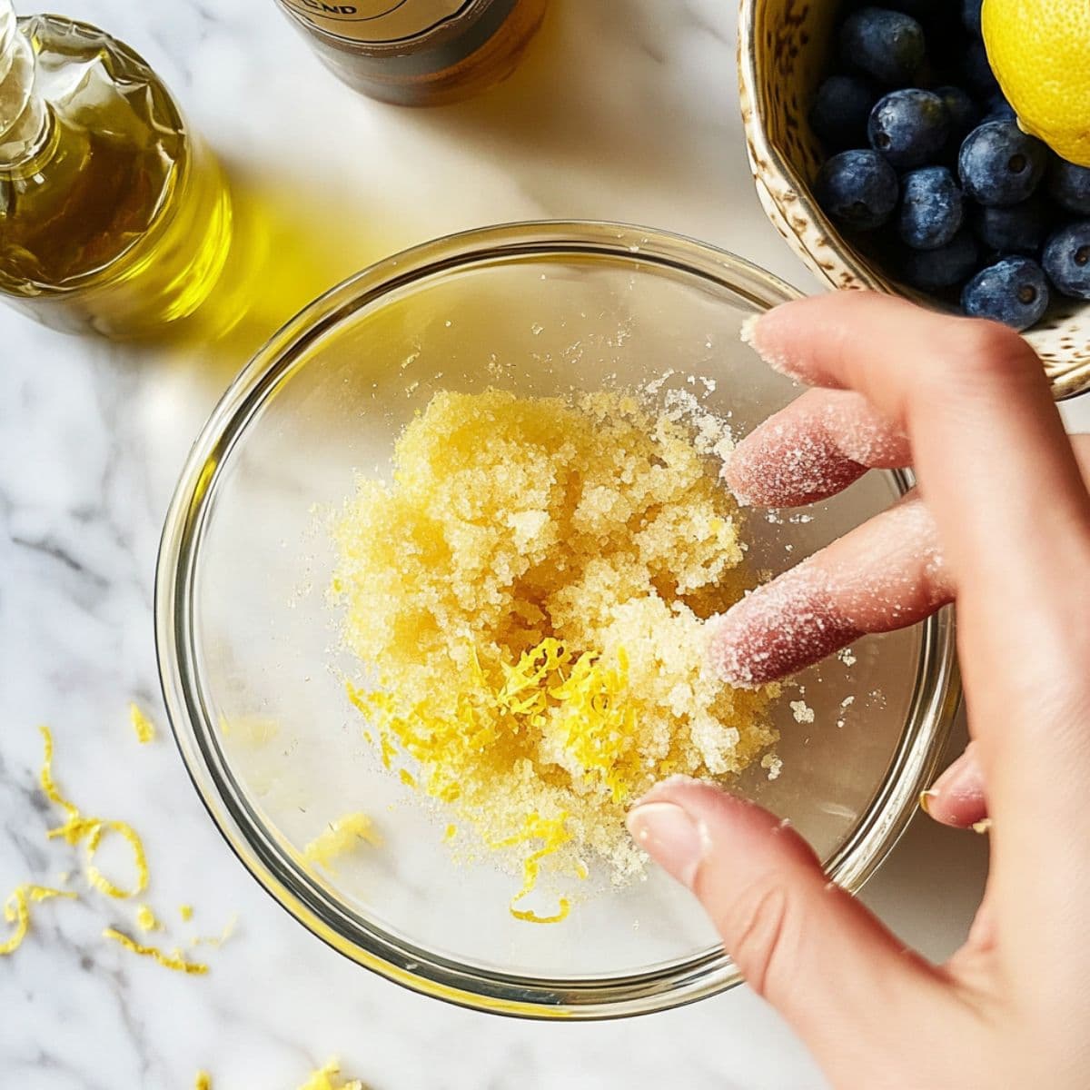 Rubbing lemon zest into cane sugar in a glass bowl with fingers, a key step for enhancing citrus flavor.