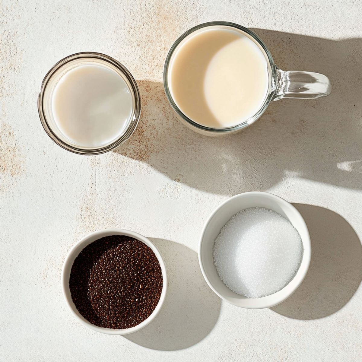 Top-down view of four bowls containing evaporated milk, filtered water, Cuban coffee grounds, and granulated sugar on a bright surface.