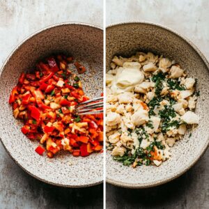 Step-by-step photo showing diced peppers, herbs, and crab meat in separate bowls before mixing to make crab cake mixture