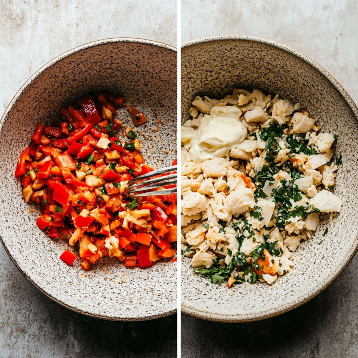 Step-by-step photo showing diced peppers, herbs, and crab meat in separate bowls before mixing to make crab cake mixture
