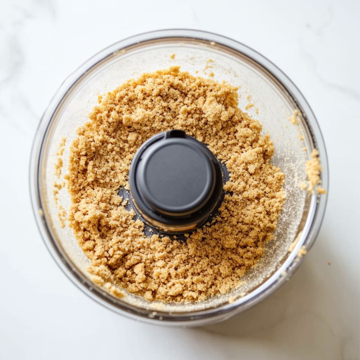 Food processor filled with blended graham cracker crust mixture for strawberry cheesecake ice cream.