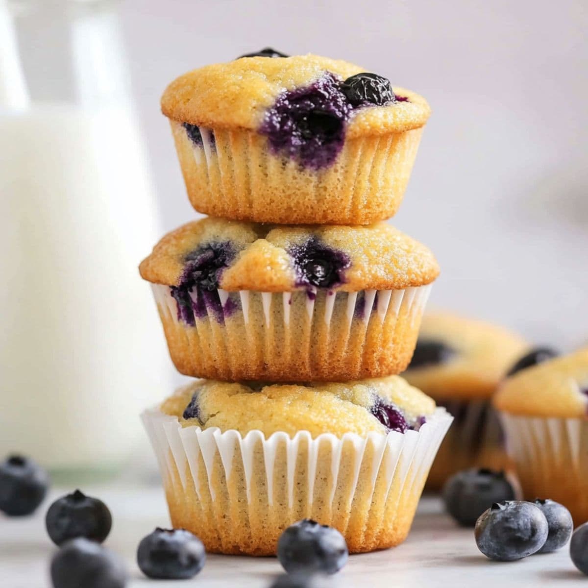 Stack of three mini blueberry muffins with visible blueberries, placed on a white surface with scattered berries and a milk bottle in the background.