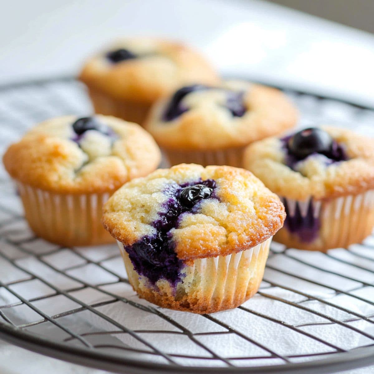 Golden mini blueberry muffins cooling on a wire rack, with juicy blueberries visible in the center, under soft natural light.