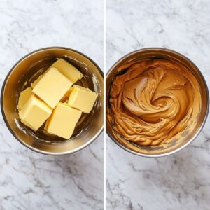 Step-by-step photo of butter and peanut butter being mixed in a bowl.