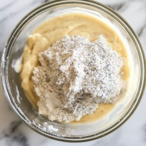 Mixing dry ingredients including flour and poppy seeds into muffin batter in a glass bowl.
