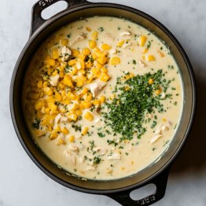Creamy chicken and corn filling in a black Dutch oven with chopped parsley on top, ready to simmer.