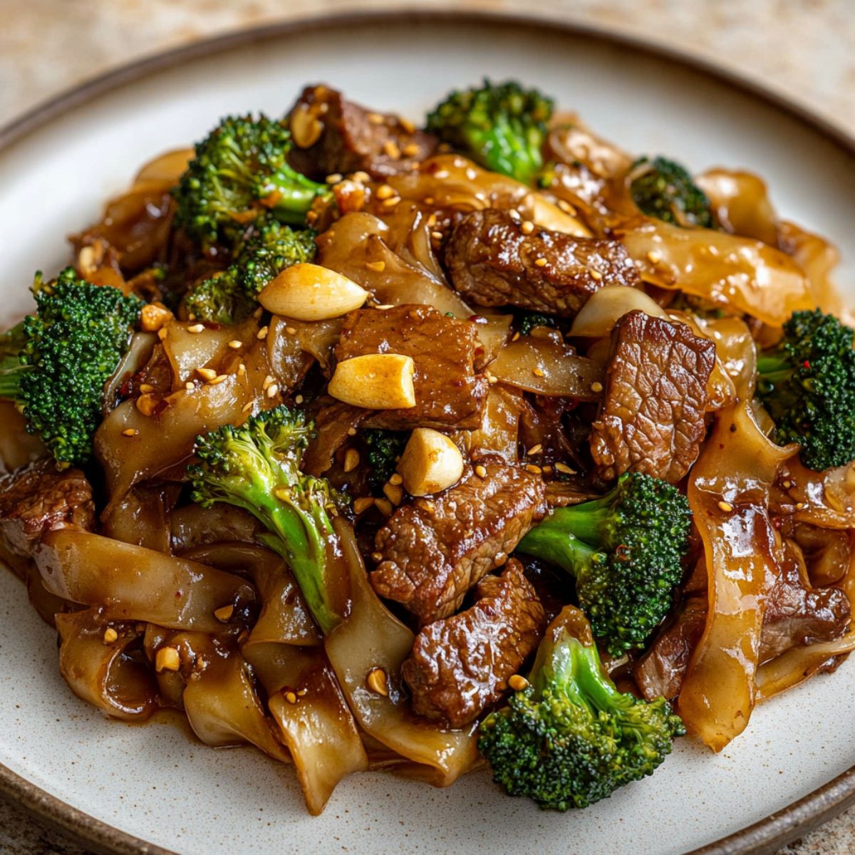 Pad See Ew with seared beef, broccoli, and noodles served on a ceramic plate with toasted garlic.