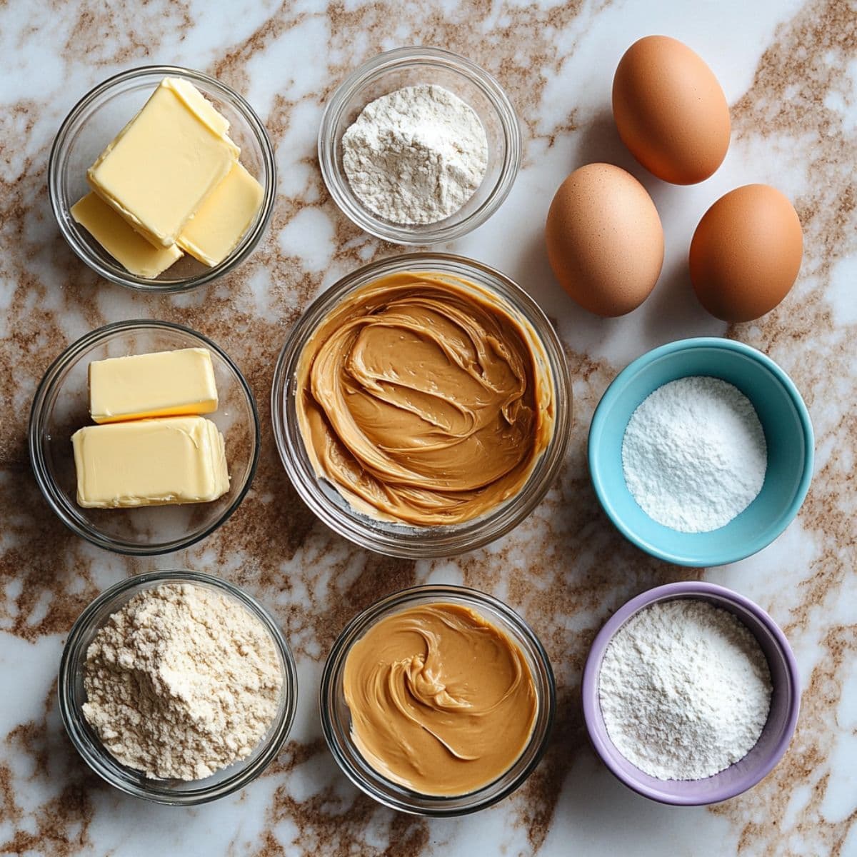 Overhead shot of peanut butter cookie ingredients arranged in glass bowls on a brown marble counter.