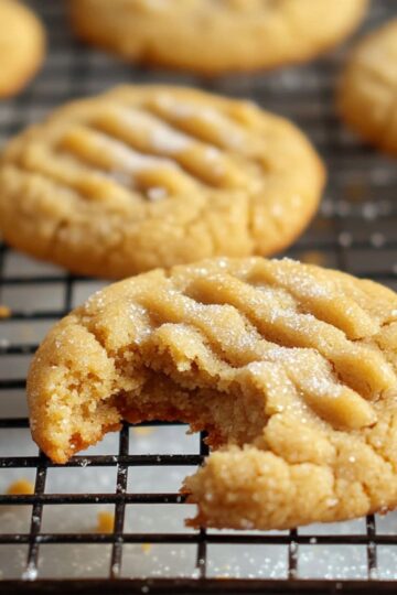 Peanut butter cookie with a bite taken out, cooling on wire rack with sugar topping.