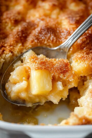 Close-up of pineapple dump cake in a baking dish with golden topping and spoon serving a warm portion.