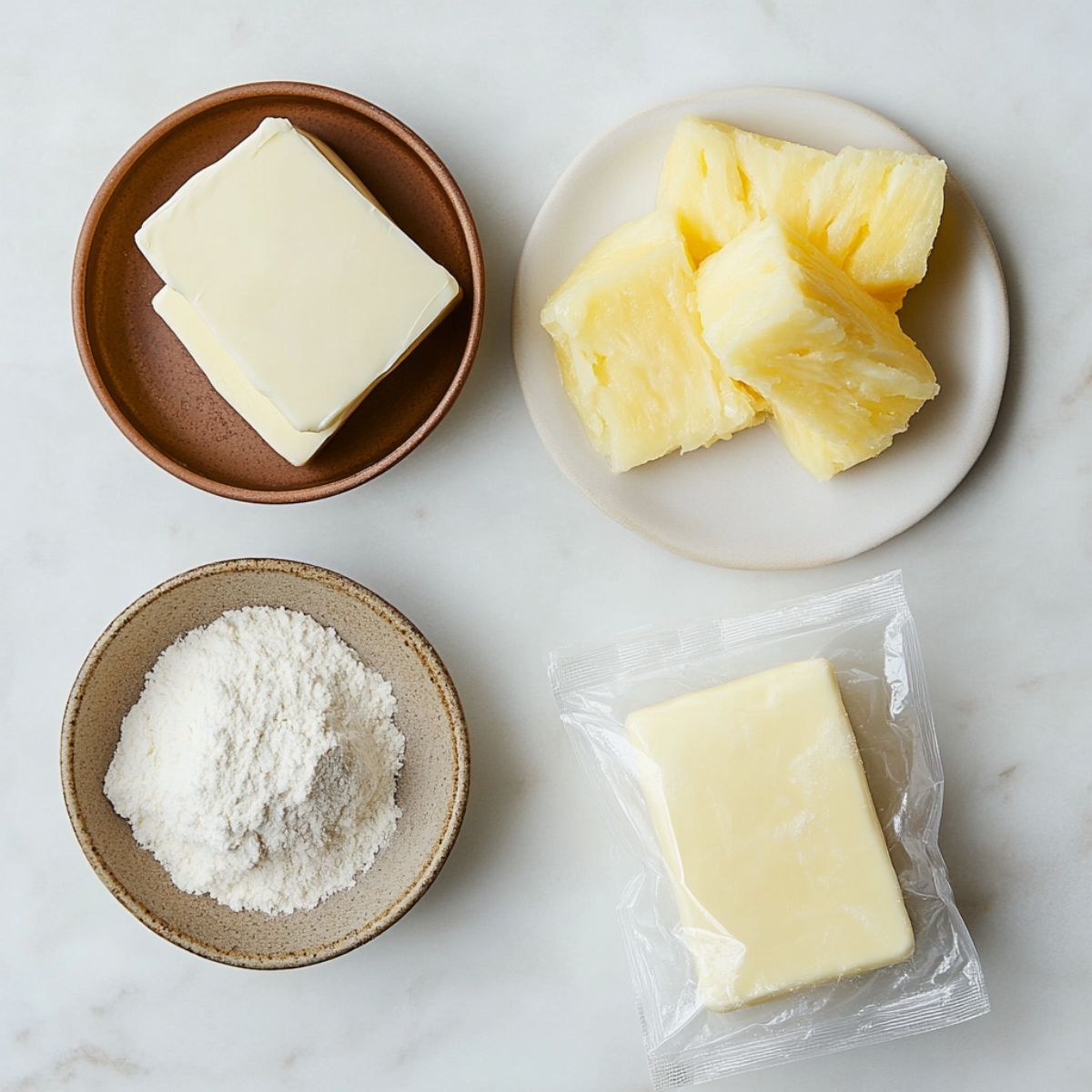 Top-down view of pineapple chunks, white cake mix, and butter arranged on small plates — main ingredients for pineapple dump cake.
