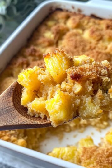 Golden pineapple stuffing on a wooden spoon with the baked dish in the background