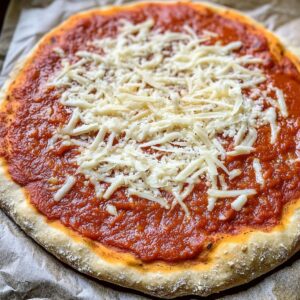 A freshly prepared pizza with a golden crust, topped with tomato sauce and shredded mozzarella cheese, ready for baking.