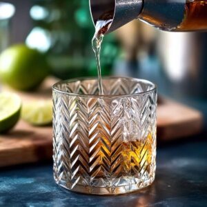 Bourbon being poured into a textured glass with ice