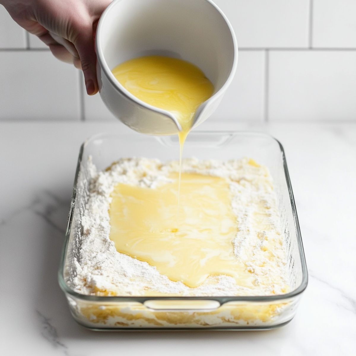 Hand pouring melted butter over dry cake mix in glass dish — final step before baking pineapple dump cake.