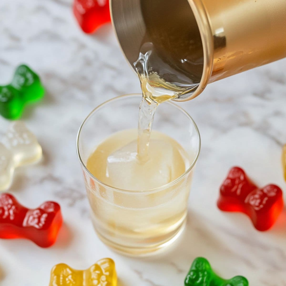 Golden gummy bear cocktail being poured into a glass with ice, surrounded by colorful gummy bears