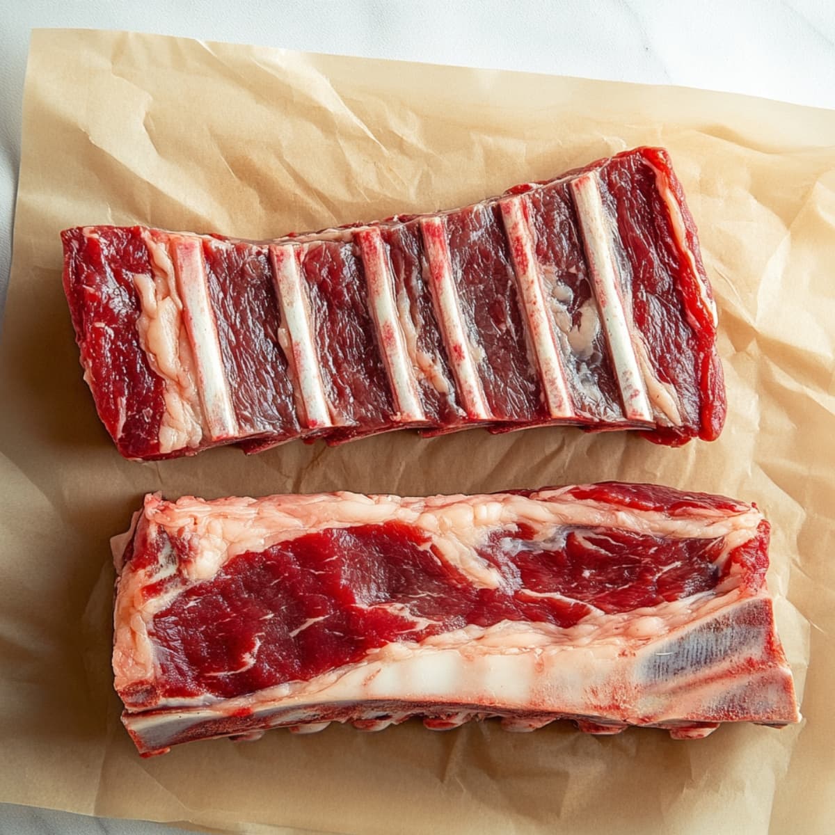 Two raw beef rib sections on parchment paper, ready for prep