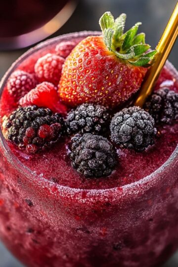 Close-up of frozen red wine slushie with berries and gold straw