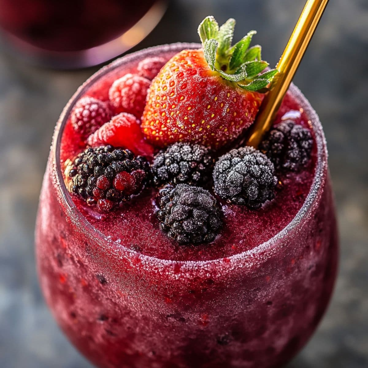 Close-up of frozen red wine slushie with berries and gold straw