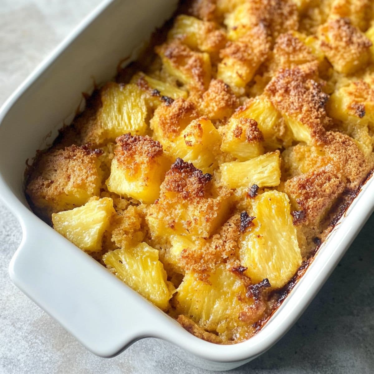 Close-up of baked pineapple stuffing resting in a white dish with caramelized top