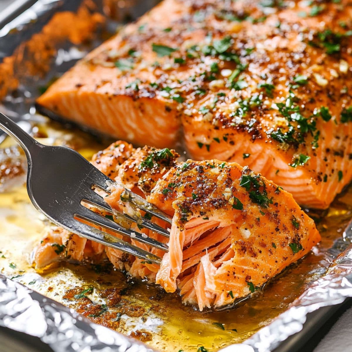 Fork flaking baked salmon fillet with garlic butter and parsley on foil tray