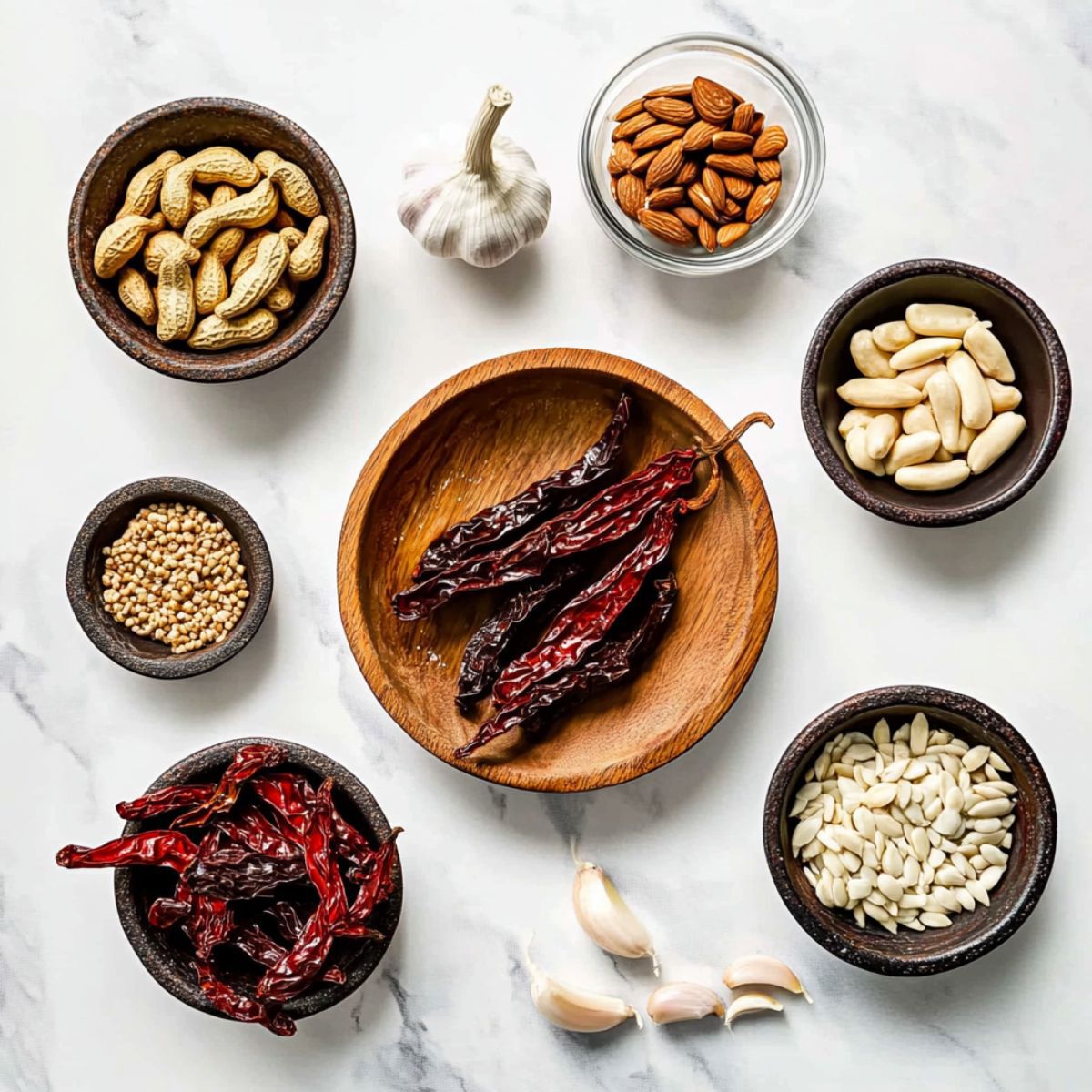Flat lay of Salsa Macha ingredients: dried chiles, garlic, nuts, and seeds on white marble background