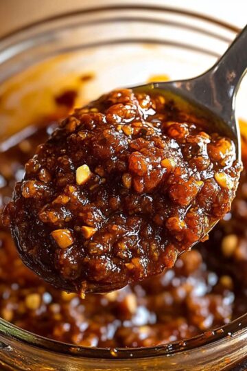 Close-up of chunky Salsa Macha on a spoon over a jar – rich chili oil with garlic and nuts