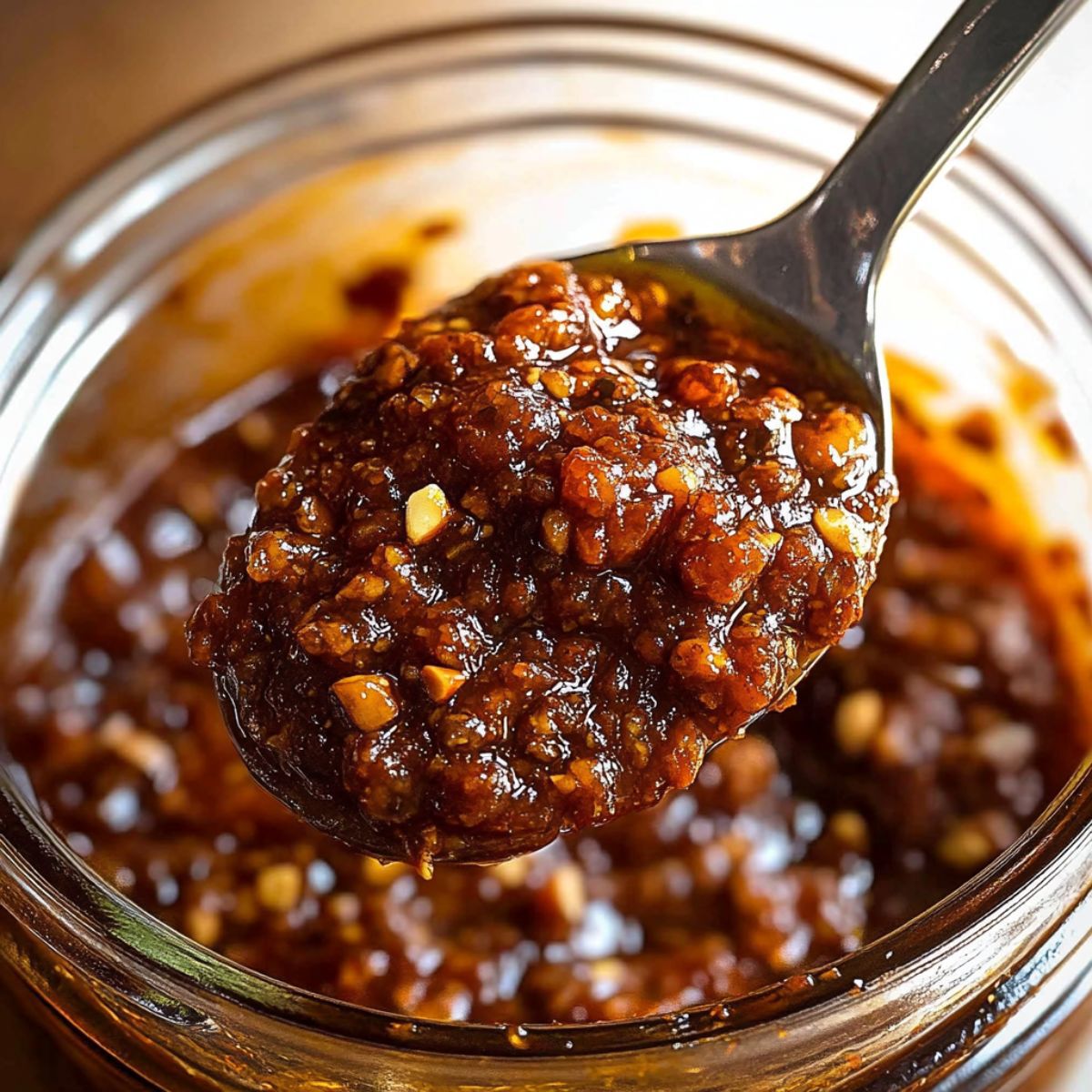 Close-up of chunky Salsa Macha on a spoon over a jar – rich chili oil with garlic and nuts