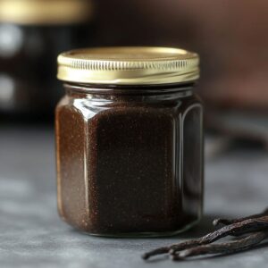Glass jar filled with dark vanilla bean paste, sealed and ready for storage