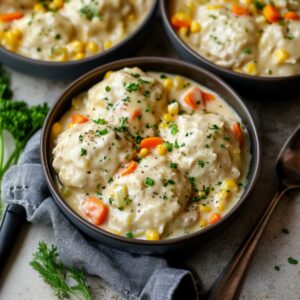 Bowl of creamy chicken and dumplings with vegetables, served and garnished with fresh herbs.