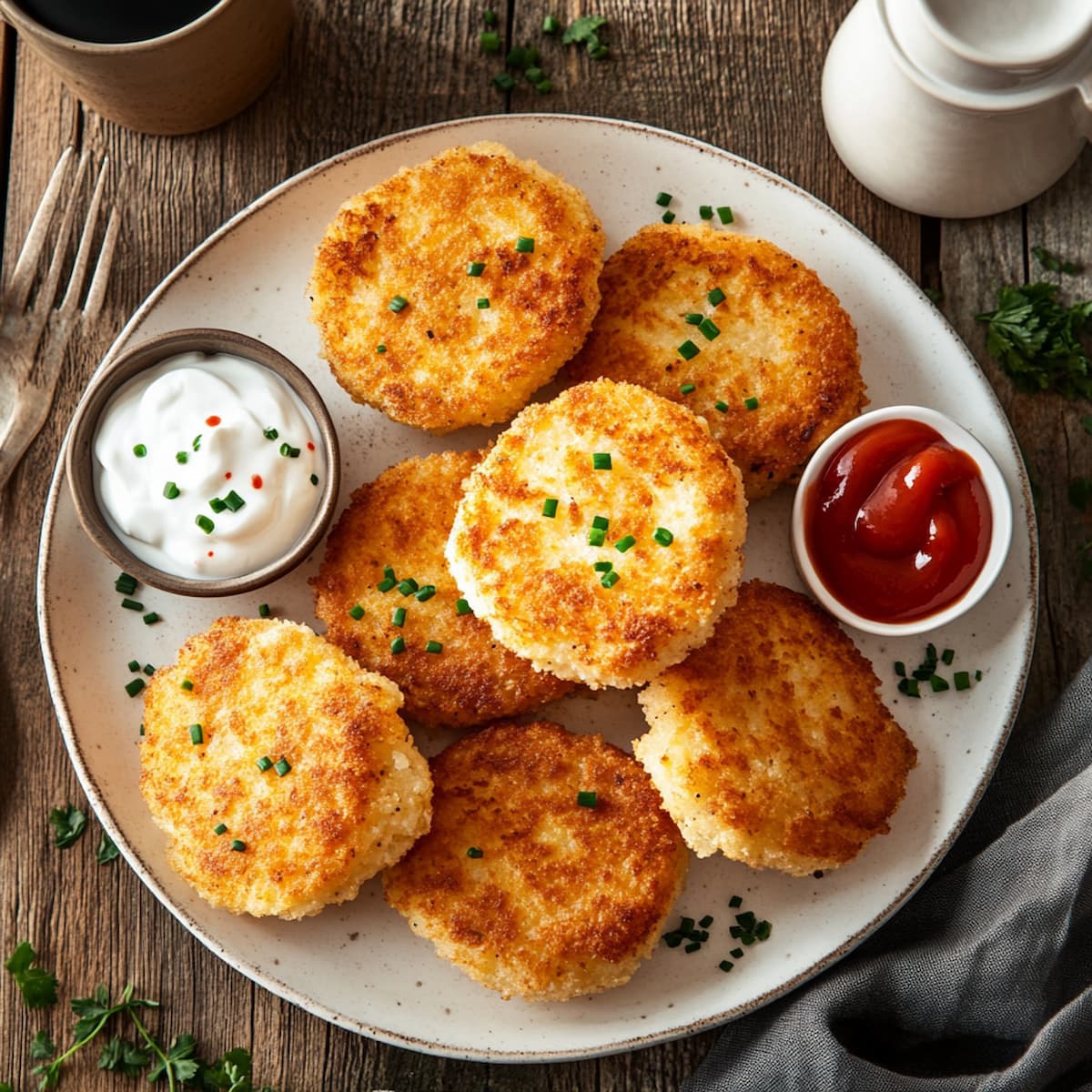 Crispy hash browns served with ketchup and sour cream