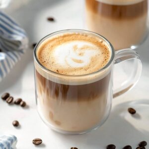 Glass mug filled with layered Cuban cortadito coffee, topped with foam and surrounded by scattered coffee beans.