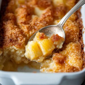 Spoon lifting a portion of pineapple dump cake with golden crispy topping and gooey fruit center.