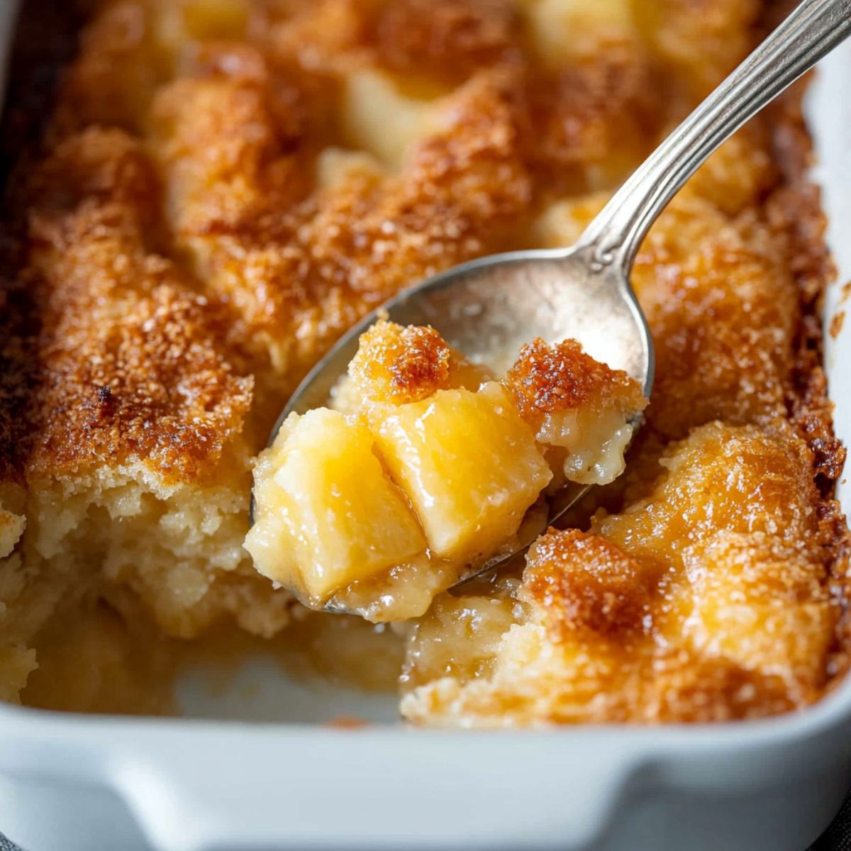 Spoon lifting a portion of pineapple dump cake with golden crispy topping and gooey fruit center.