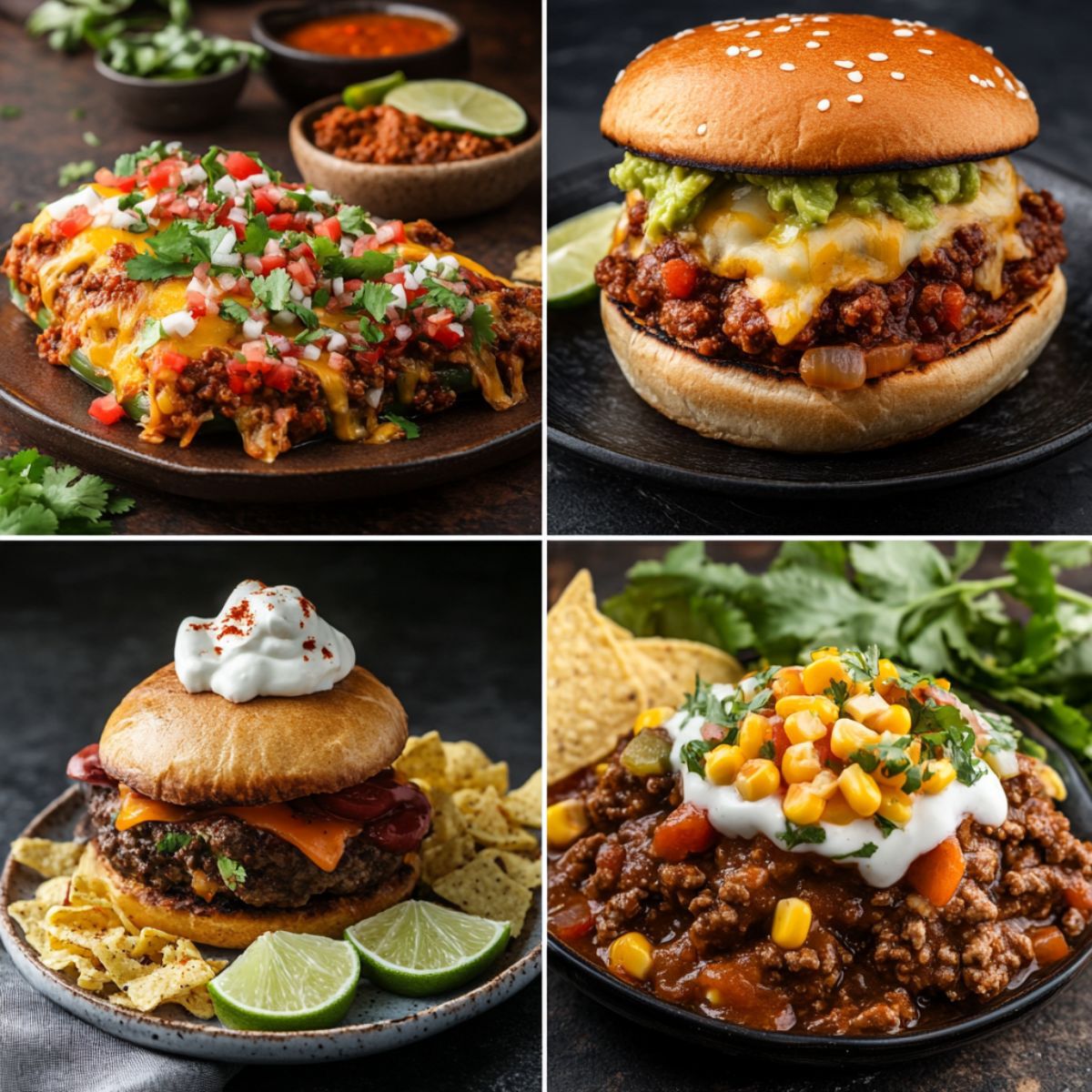 Four Mexican-inspired dishes with Salsa Macha: enchiladas, burgers, and chili bowls served with fresh toppings