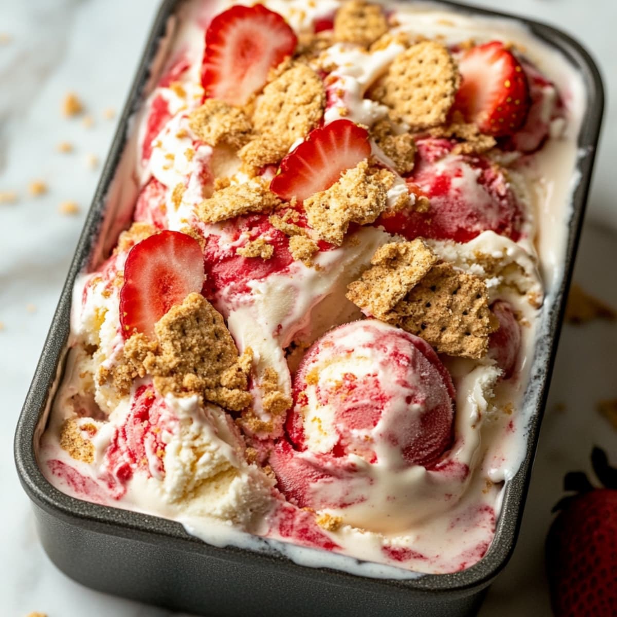 Strawberry cheesecake ice cream scooped in a loaf pan, topped with fresh strawberry sauce and crushed graham crackers.