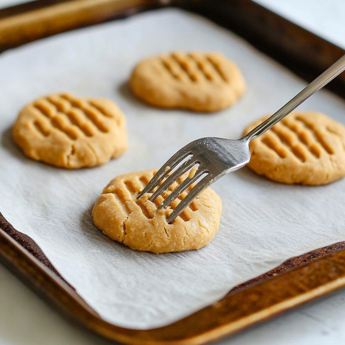 Fork pressing cross-hatch pattern into peanut butter cookie dough on baking sheet.