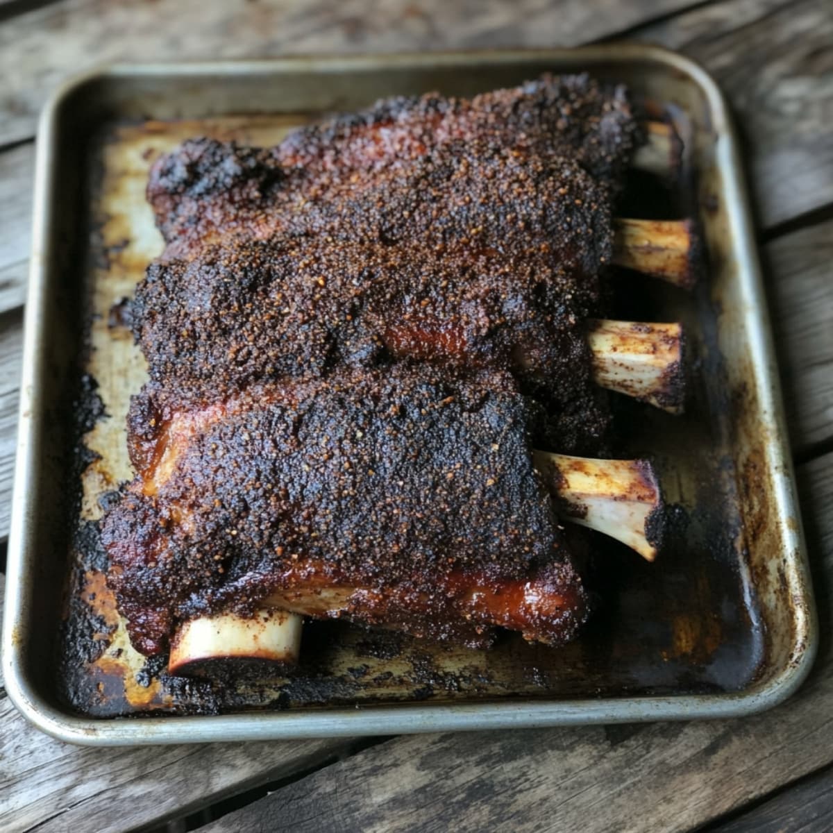 Smoked beef back ribs resting on a tray with peppery bark