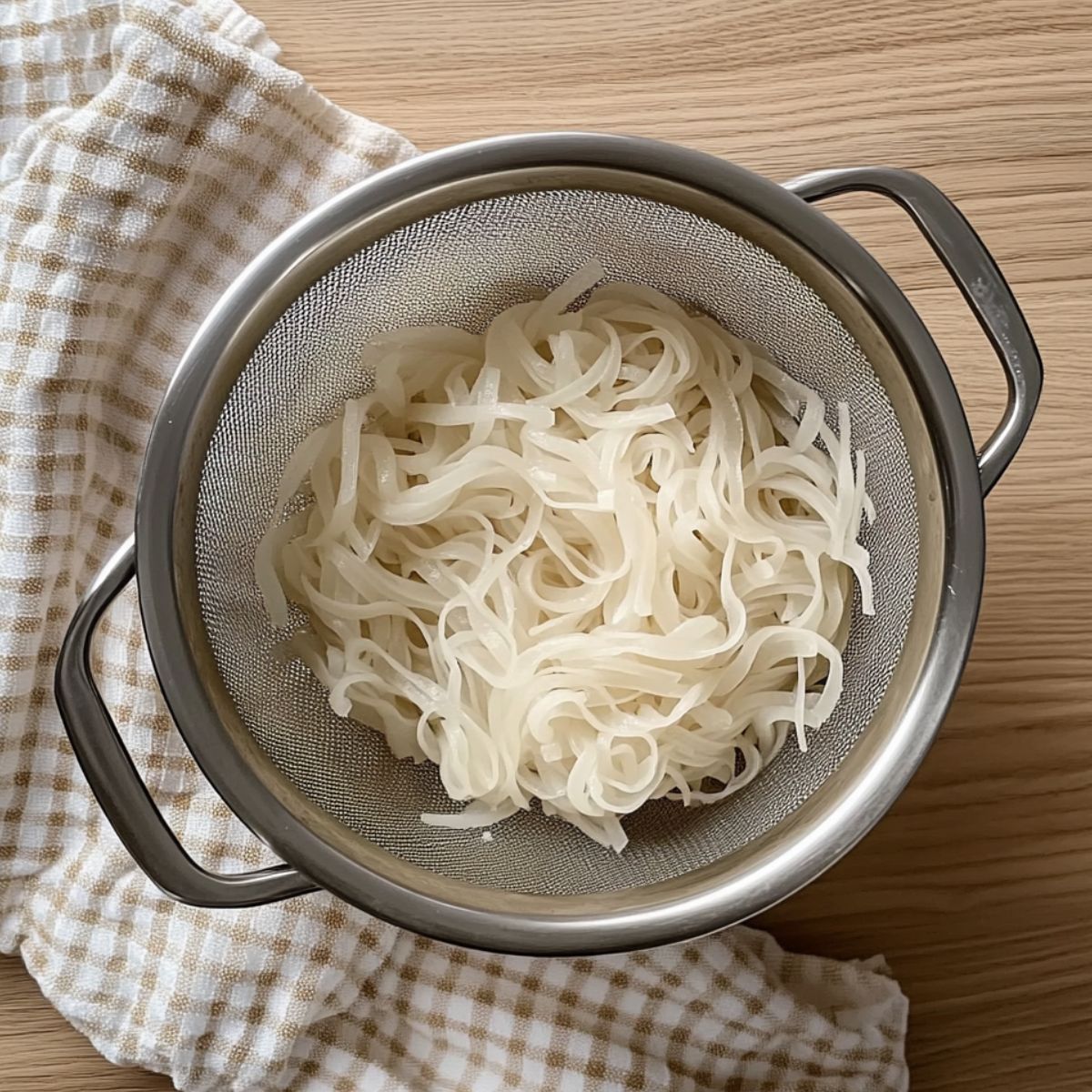 Freshly soaked flat rice noodles in a metal strainer over a kitchen towel.