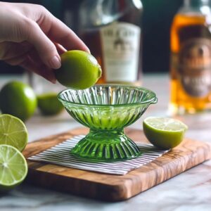 Hand holding a lime over a green vintage juicer with bourbon bottles in background