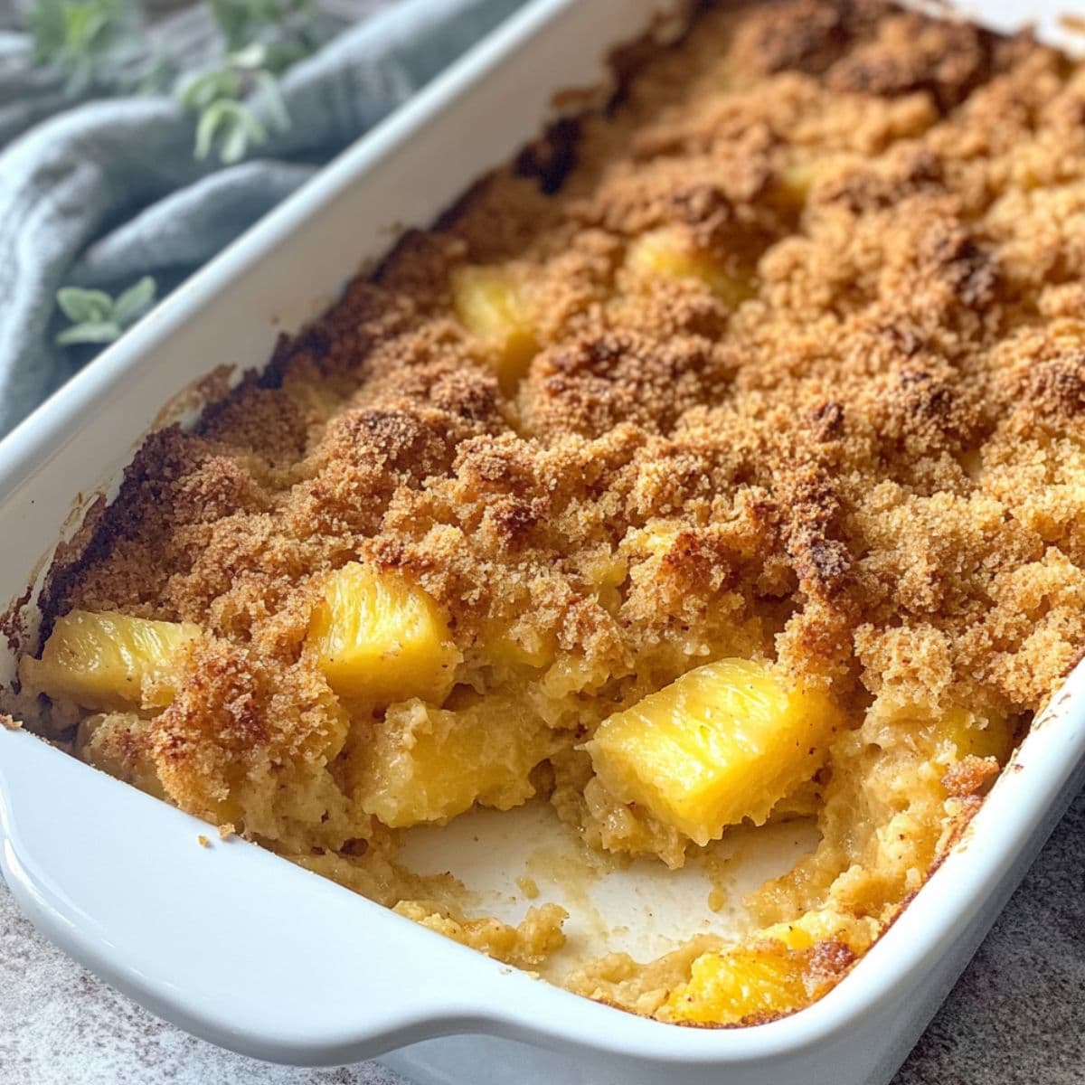 Partially scooped pineapple stuffing in a white dish showing golden crisp top and moist interior