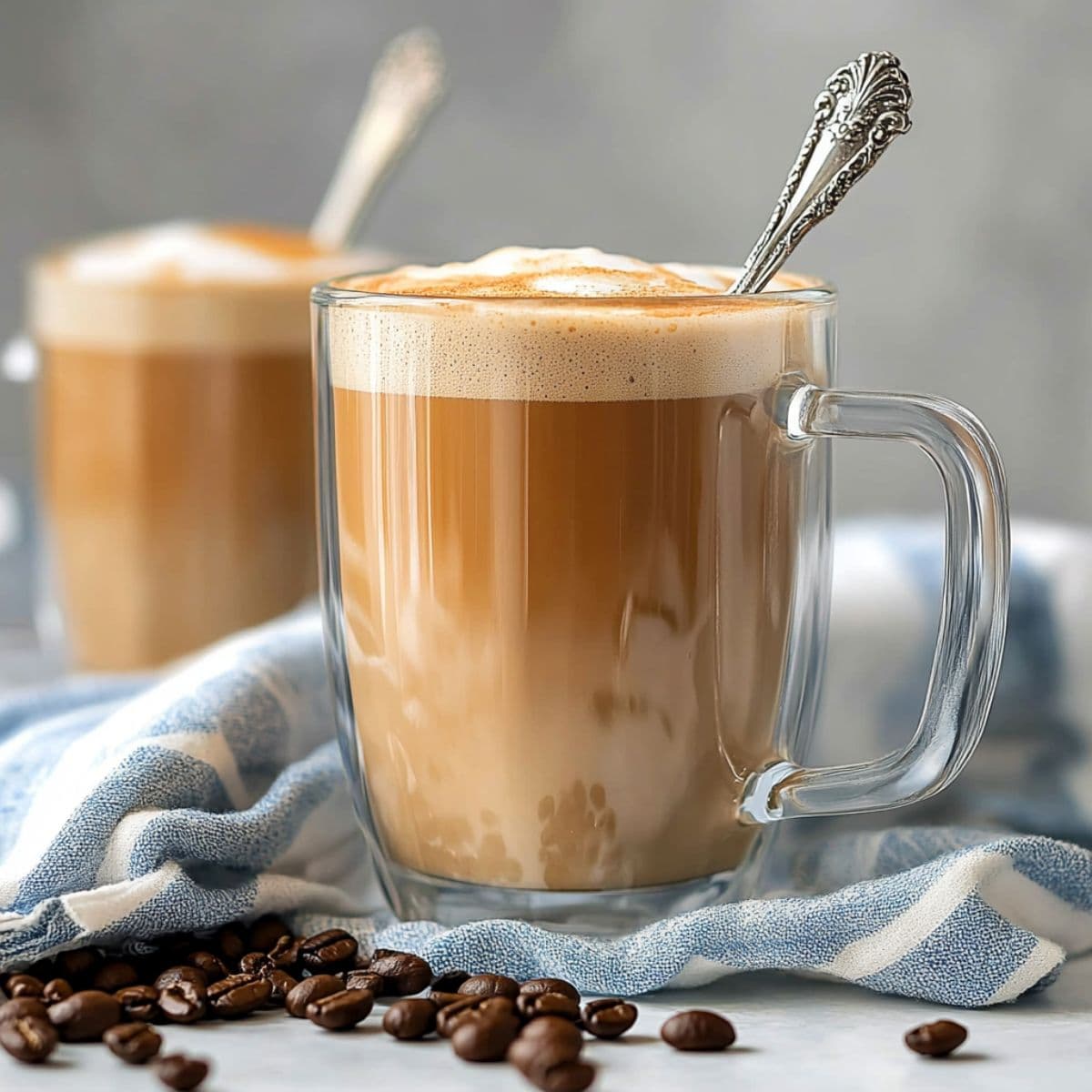 Glass mug of layered Cuban cortadito coffee with foam, vintage spoon, and coffee beans on a soft cloth, suggesting reheating or serving.