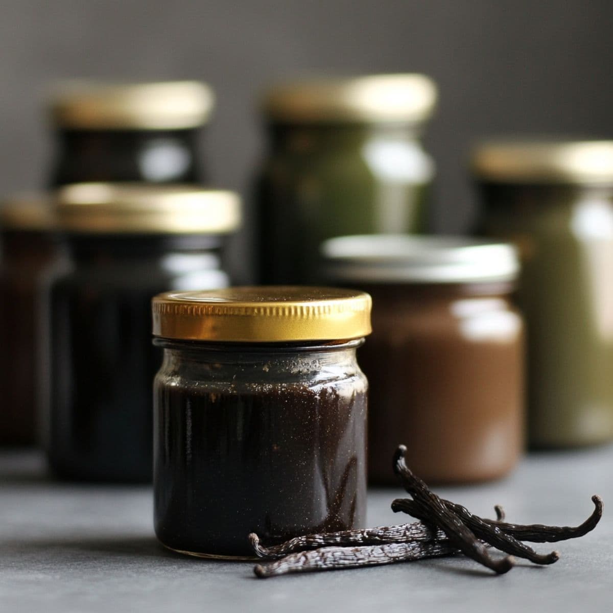 Multiple glass jars of vanilla bean paste, one in front, others blurred in the background