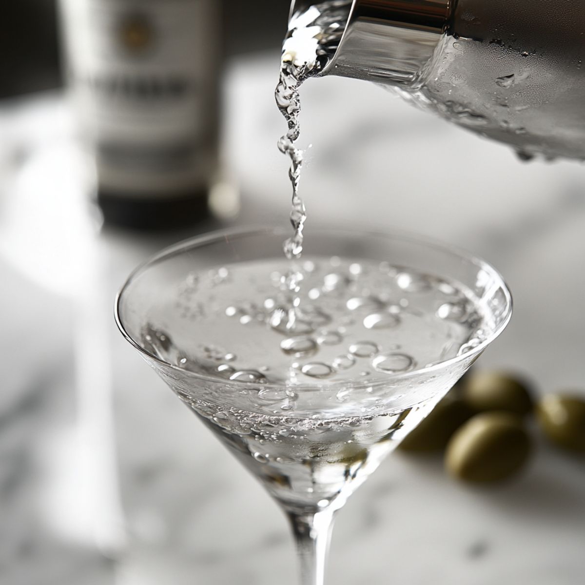 Gin martini being strained from a shaker into a glass, with clear bubbles forming on top.