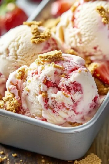 Close-up of three scoops of strawberry cheesecake ice cream with visible strawberry swirls and graham cracker chunks in a metal loaf pan.